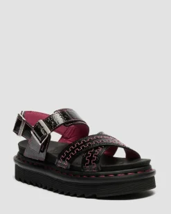 Dr. Martens Sandals|Spring Sandals*Voss II Distressed Patent Leather Sandals in Black Black — Distressed Patent