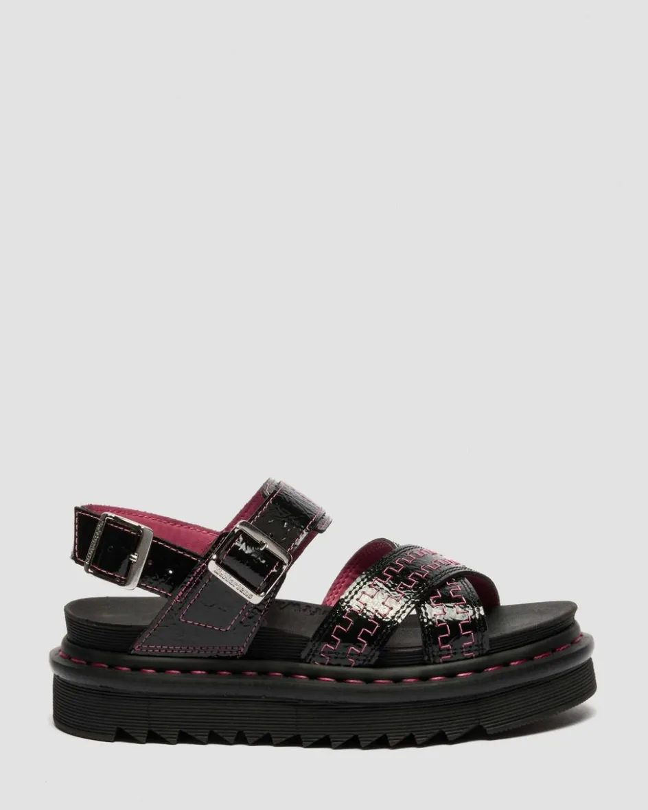 Dr. Martens Sandals|Spring Sandals*Voss II Distressed Patent Leather Sandals in Black Black — Distressed Patent