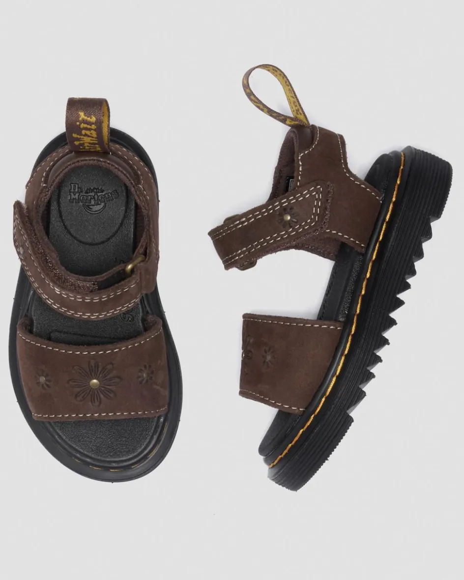Dr. Martens Youth & 8-14 Years*Youth Marlowe Flower Nubuck Strap Sandals in Dark Brown Dark Brown — Tumbled Nubuck