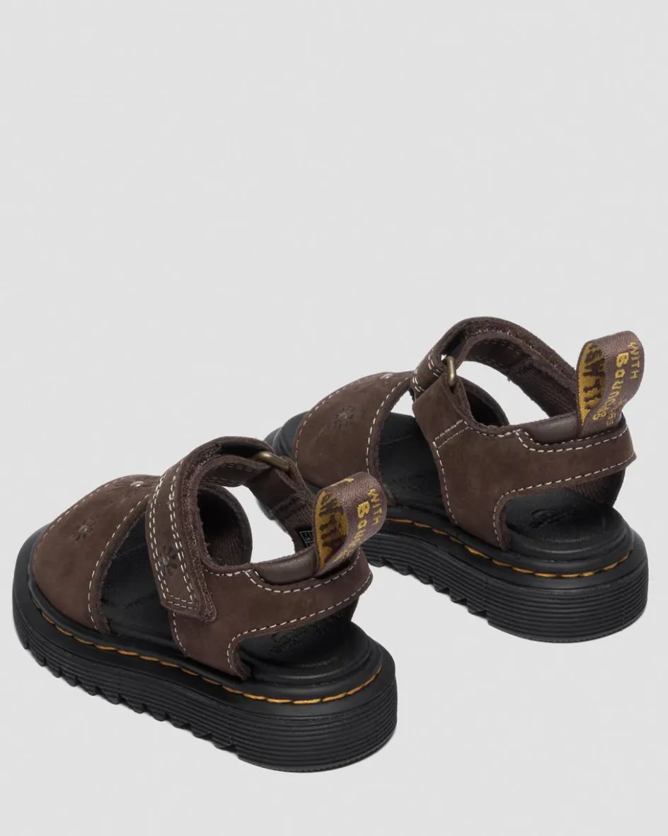 Dr. Martens Youth & 8-14 Years*Youth Marlowe Flower Nubuck Strap Sandals in Dark Brown Dark Brown — Tumbled Nubuck
