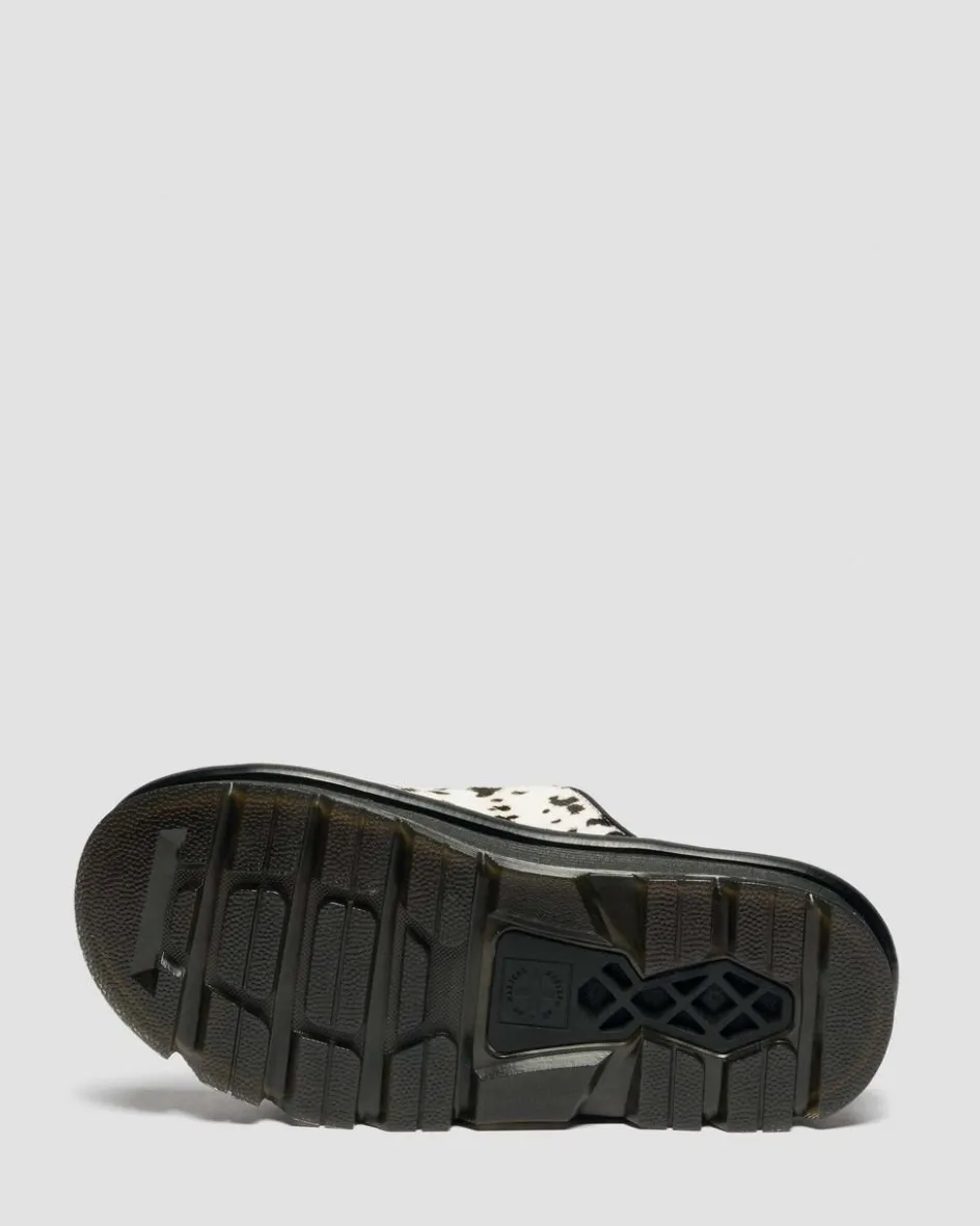 Dr. Martens Mules|Slides*Zebzag Dalmatian Hair On Leather Platform Slides in Cream & Black Cream & Black — Dalmatian Print Hair On