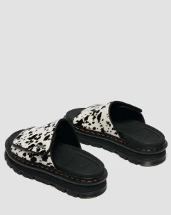 Dr. Martens Mules|Slides*Zebzag Dalmatian Hair On Leather Platform Slides in Cream & Black Cream & Black — Dalmatian Print Hair On