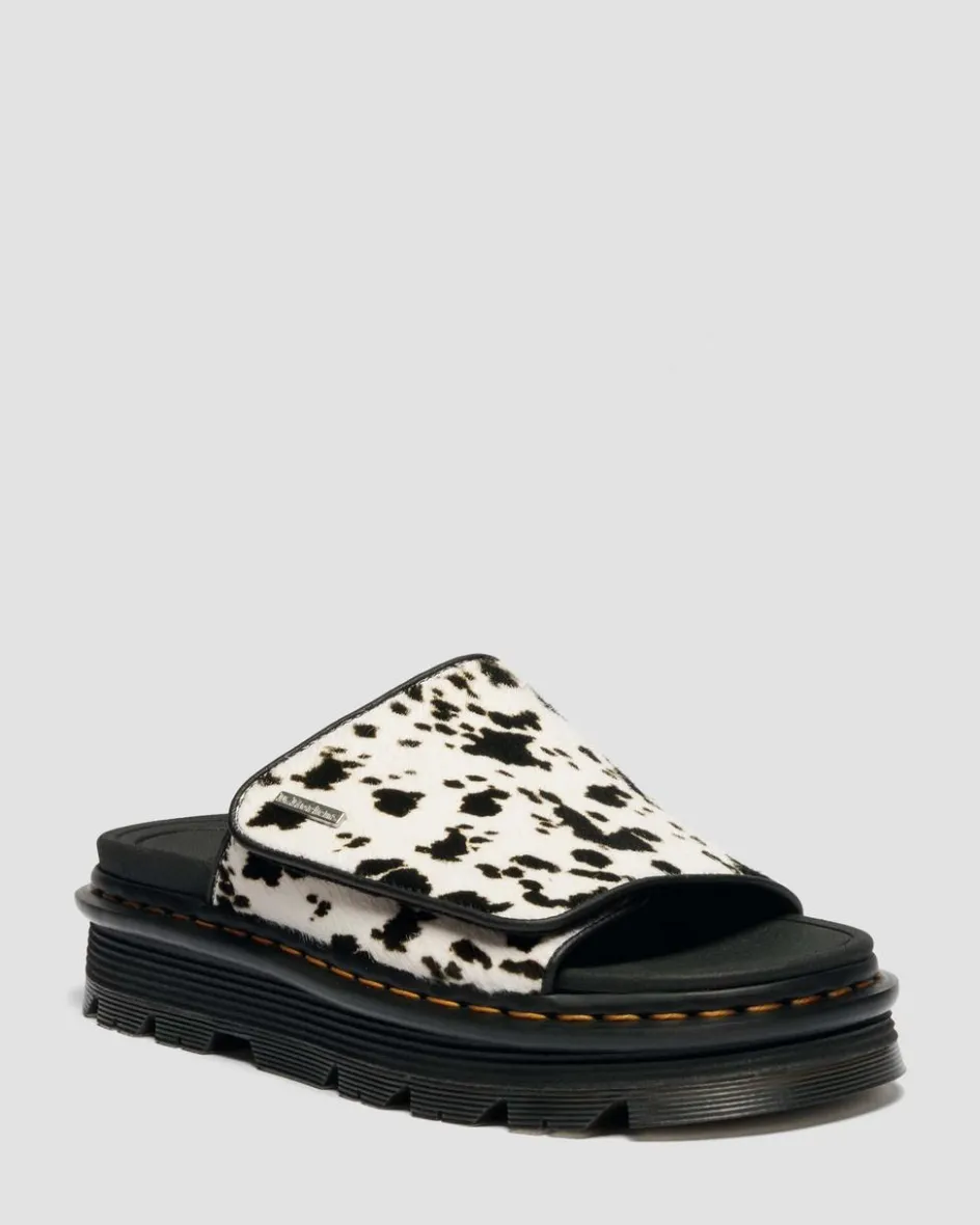 Dr. Martens Mules|Slides*Zebzag Dalmatian Hair On Leather Platform Slides in Cream & Black Cream & Black — Dalmatian Print Hair On