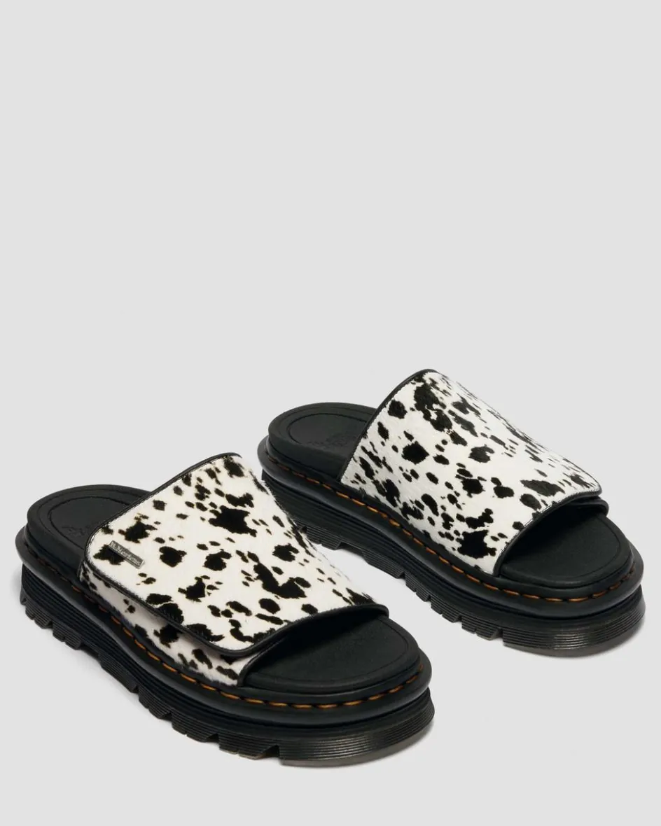 Dr. Martens Mules|Slides*Zebzag Dalmatian Hair On Leather Platform Slides in Cream & Black Cream & Black — Dalmatian Print Hair On