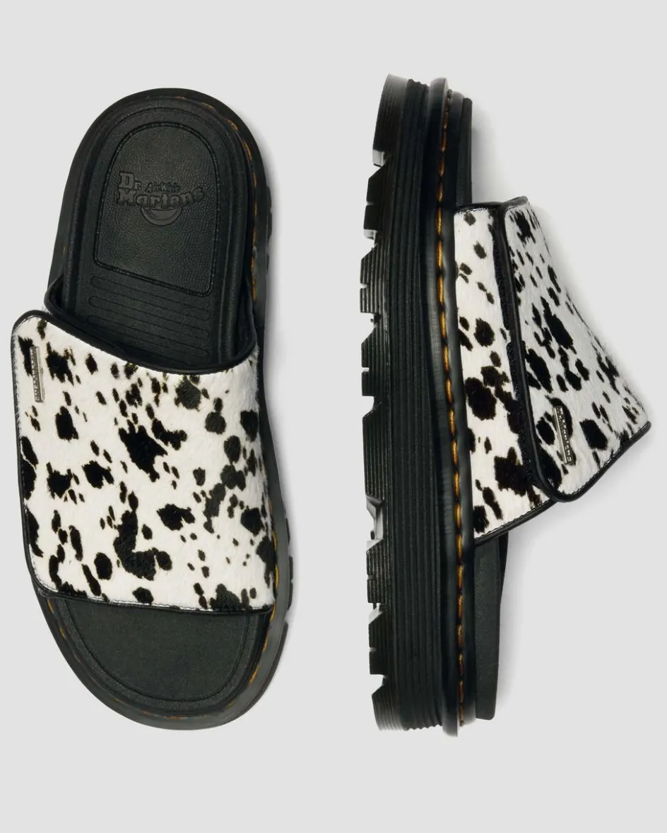 Dr. Martens Mules|Slides*Zebzag Dalmatian Hair On Leather Platform Slides in Cream & Black Cream & Black — Dalmatian Print Hair On