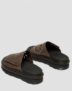 Dr. Martens Mules|Slides*Zebzag Flower Crazy Horse Leather Slides in Dark Brown Dark Brown — Crazy Horse