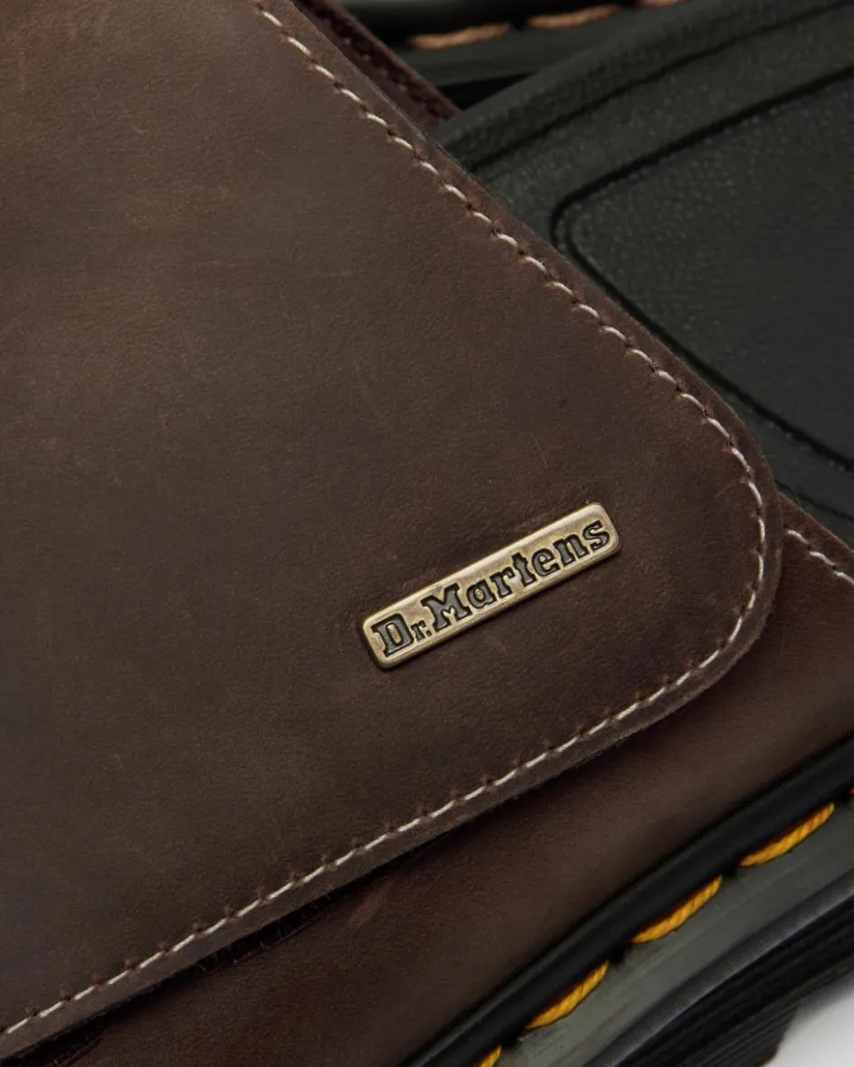 Dr. Martens Mules|Slides*Zebzag Flower Crazy Horse Leather Slides in Dark Brown Dark Brown — Crazy Horse