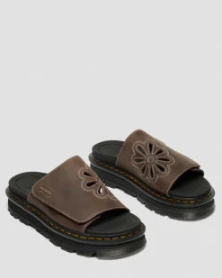Dr. Martens Mules|Slides*Zebzag Flower Crazy Horse Leather Slides in Dark Brown Dark Brown — Crazy Horse