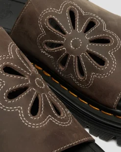 Dr. Martens Mules|Slides*Zebzag Flower Crazy Horse Leather Slides in Dark Brown Dark Brown — Crazy Horse