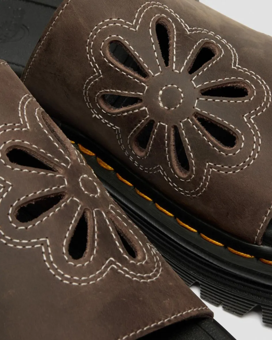 Dr. Martens Mules|Slides*Zebzag Flower Crazy Horse Leather Slides in Dark Brown Dark Brown — Crazy Horse