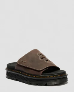 Dr. Martens Mules|Slides*Zebzag Flower Crazy Horse Leather Slides in Dark Brown Dark Brown — Crazy Horse