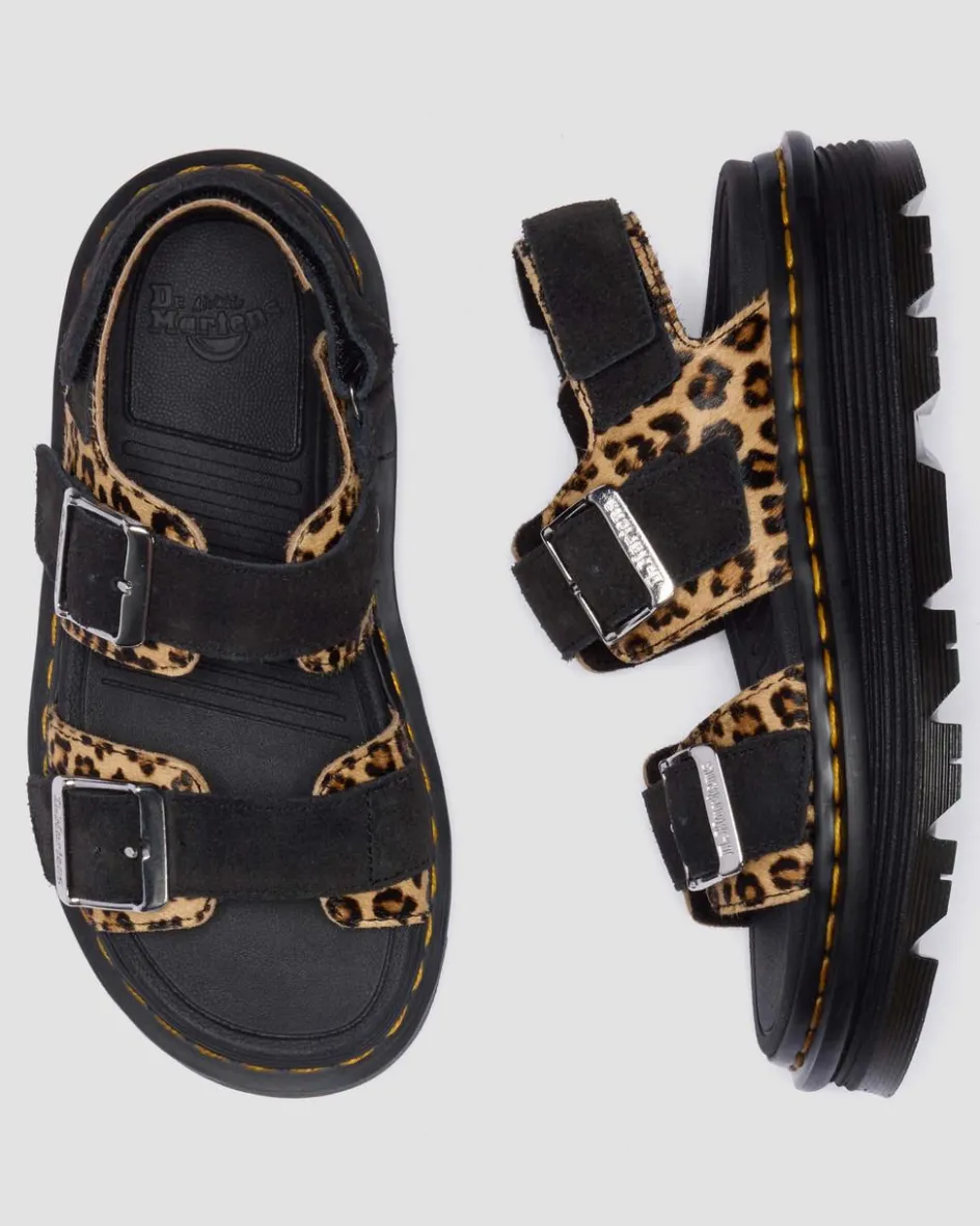 Dr. Martens New And Featured|Sandals*Zebzag Leopard Hair On Leather Sandals in Light Tan Light Tan+Black — Mini Leopard Spot Hair On+Eh Suede