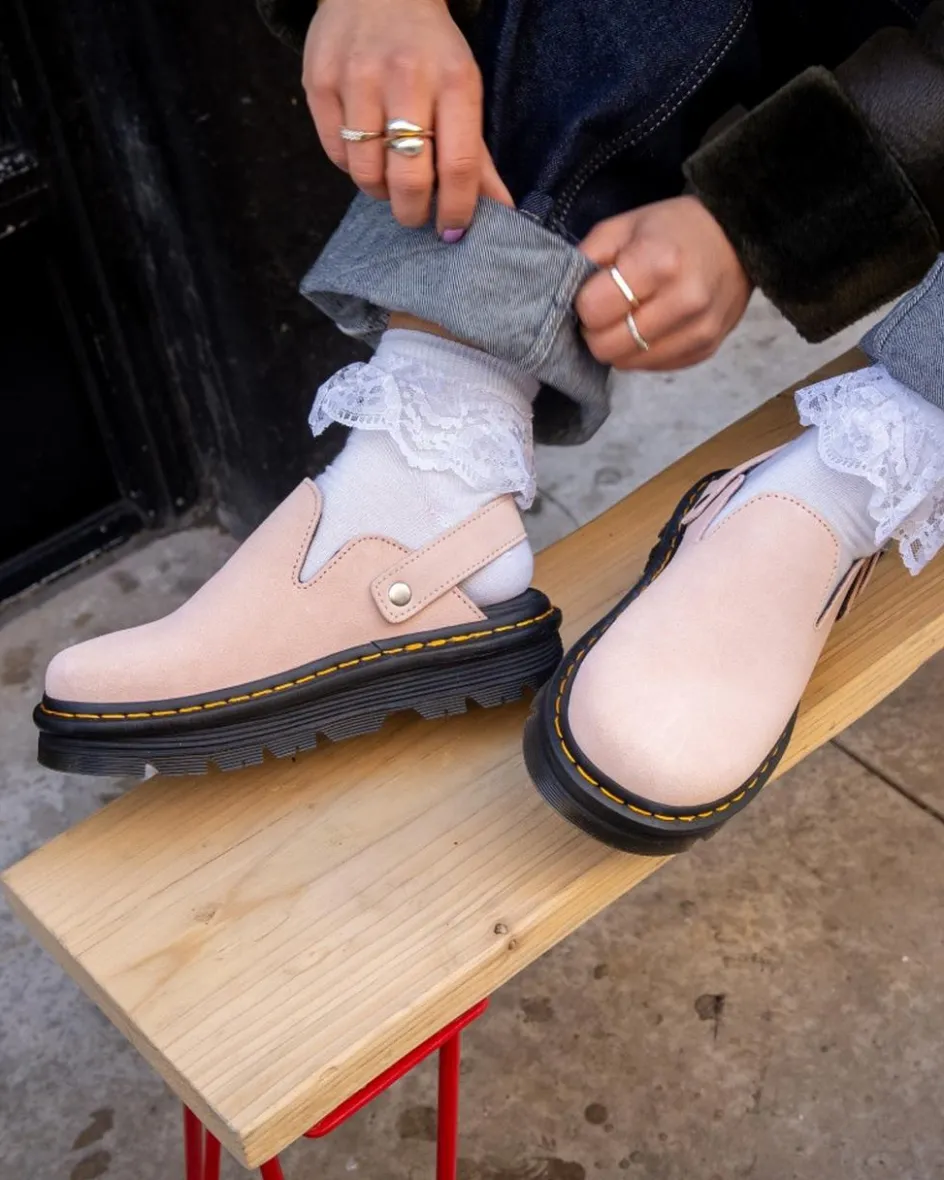 Dr. Martens Last Chance Styles*Zebzag Suede Casual Slingback Platform Mules in Powder Pink Powder Pink — E.H.Suede