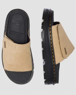 Dr. Martens Mules|Slides*Zebzag Suede Platform Slides in Savannah Tan Savannah Tan — E.H.Suede